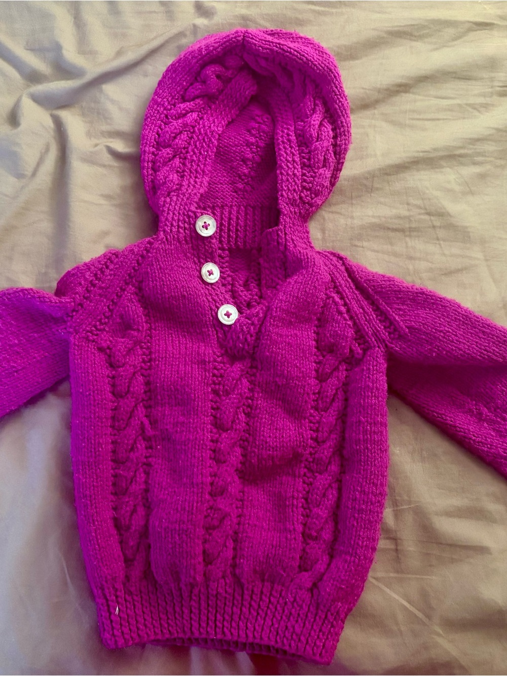 Bright Fuchsia Hooded Wool Sweater - Girls